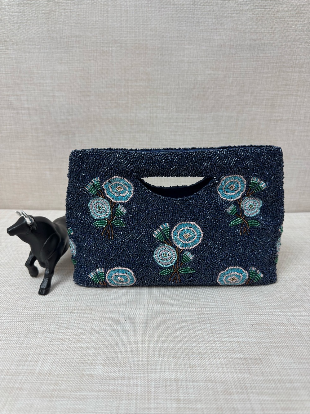 Embroidered Navy Beaded Floral Wristlet Clutch